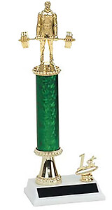 Weightlifter Trophies 10-18 inches tall, with column riser and side trim.