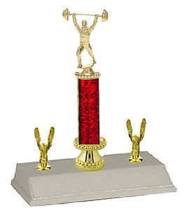 Weightlifter Trophies 10-18 inches tall, with column riser and double-side trim.