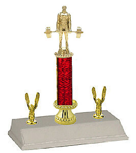 Weightlifter Trophies 10-18 inches tall, with column riser and double-side trim.