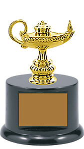 Raised Base Academic Trophy, lamp of knowledge, public speaking, drama, bullseye academics, spelling or math bee, and male and female graduates.