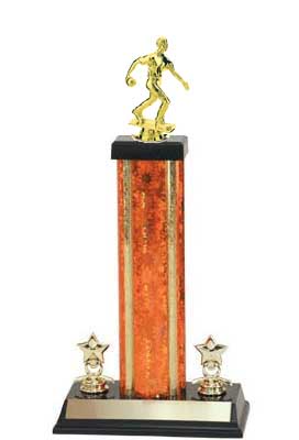 S3 Bowling Trophies square trophies with a single rectangular column, and added trim.