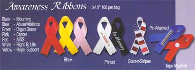 Bag of 100 Awareness Ribbons in Mourning, Abuse, Organ Donor, Cancer, AIDS, Right to Life, Hope, Support