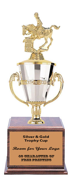 CFRC-719G Female Barrel Racer Cup Trophies on a Cherry Finish Base